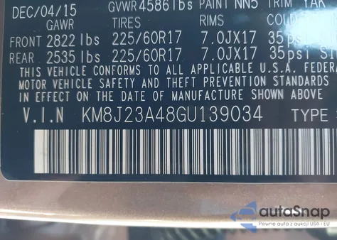 2016 Hyundai Tucson Se z USA, uszkodzony, nr VIN KM8J23A48GU139034